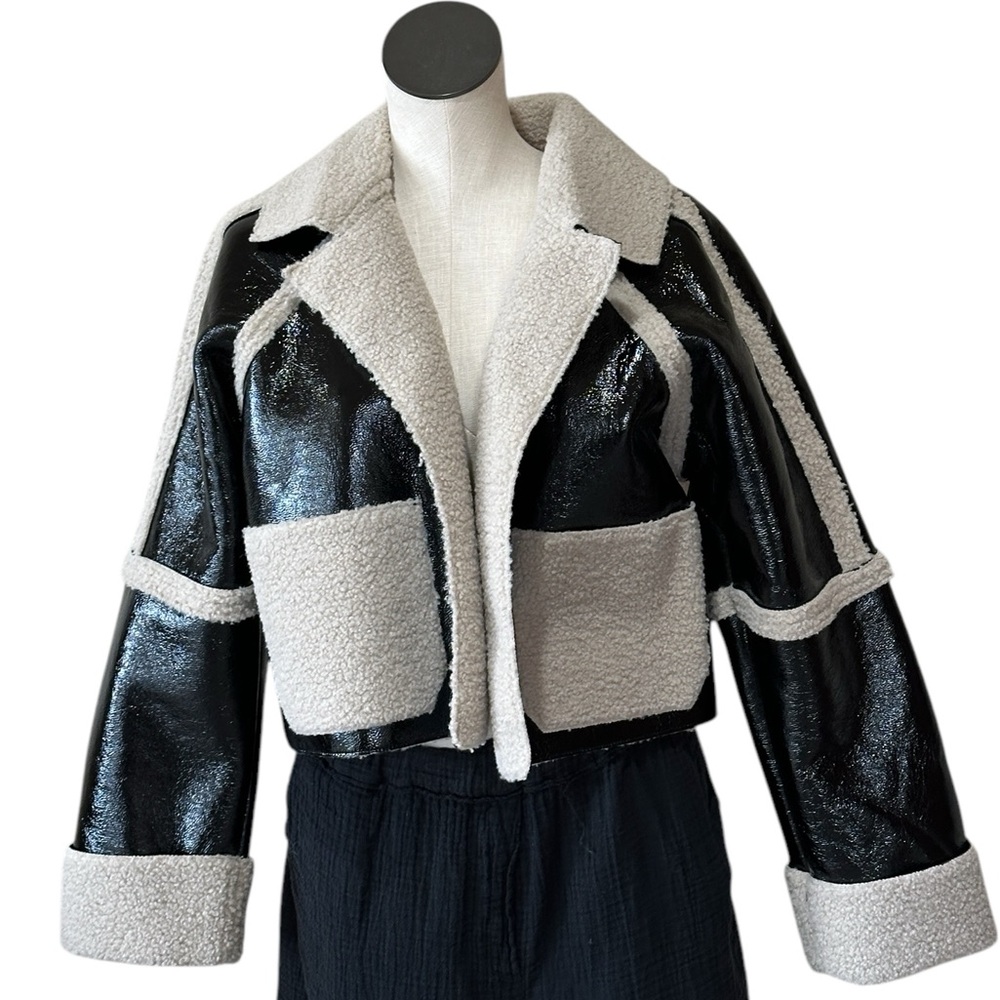 NWT STEVE MADDEN Faux Shearling Trim Faux Leather Jacket Oversized